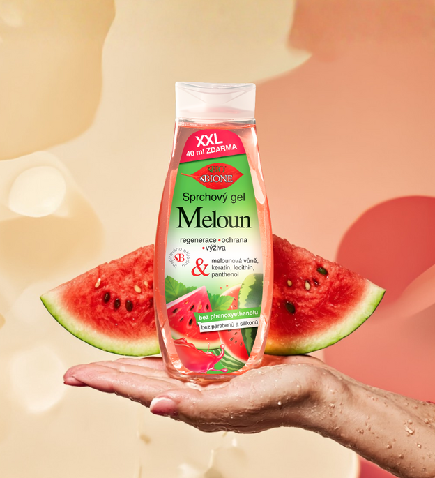 BIO sprchový gél, BIO sprchový gél Melón, sprchový gél Melón, sprchový gél na leto, prírodný sprchový gél, jemný sprchový gél, kvalitný sprchový gél, letná starostlivosť o pokožku, starostlivosť o telo, prírodná kozmetika, BIO kozmetika, Bione Cosmetics, ovocný sprchový gél, sprchový gél pre celú rodinu, hydratácia pokožky, každodenná starostlivosť o pokožku.