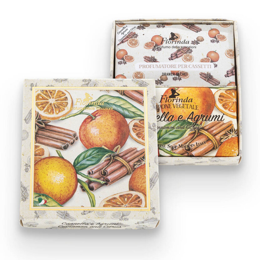 Mydlová kazeta Florinda - Mydlo Cannella e agrumi 200 g + 3 x vôňa Cannella vrecúško